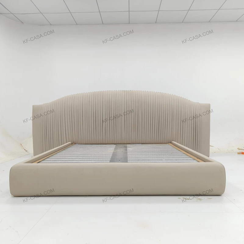 Light Beige Leather Upholstered Bed with Vertical Pleated Headboard & Gold Stainless Steel Ball Studs